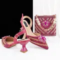 Elegant magenta rhinestone sandal and matching luxury clutch bag set. - 38 / Rose Red