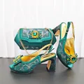Elegant emerald green snakeskin rhinestone high heels and matching chain handbag set - 39 / Shoes and Bag Set / Green