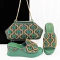 Matching emerald green crystal embellished evening bag and wedge slide sandals set - Green