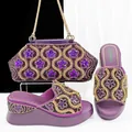 Luxury purple wedge slides and matching floral rhinestone clutch bag set for party. - Purple