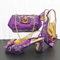 Elegant purple snake print rhinestone high heel sandals and matching chain evening bag set - 39 / Shoes and Bag Set / Purple