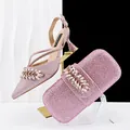 Elegance pink glitter pointed-toe heels and matching rhinestone evening clutch bag set - 37 / Pink
