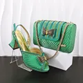 Green snakeskin pattern party set with bow detail block heel sandals and matching bag. - 40 / Shoes and Bag Set / Green