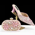 Exquisite pink crystal pointed-toe mule and matching floral rhinestone clutch set - 38 / Pink