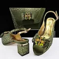 Elegant olive green leopard print peep-toe heels and matching clutch set with rhinestones - Olive Green
