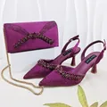 Elegant purple satin pointed toe high heel sandals with matching rhinestone clutch - 38 / Purple
