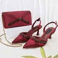 Elegant wine red pointed toe high heel sandals and matching rhinestone clutch bag set - 38 / Burgundy