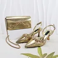 Elegant gold pointed-toe high heels and matching rhinestone clutch bag set for evening parties - Gold