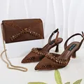 Elegant brown pointed-toe sandals and matching rhinestone-decorated envelope clutch bag set. - 38 / Coffee