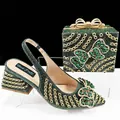 Elegant emerald green rhinestone pointed toe heels and matching bow clutch bag set - 39 / Shoe And Bag Set (QSL098) / Green