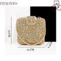 Detailed view of a gold crystal evening clutch bag with dimensions 12cm x 13cm x 6.5cm - Gold