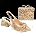 Macro detail view of luxury sparkling gold rhinestone shoe and bag set with butterfly accents. - Champagne