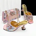 Pink open-toe sandals with rhinestone buckle and matching polka dot chain bag set - Pink