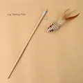 Natural wooden cat teaser wand featuring a hand-woven mouse with feathers and bell - Woven Little Mouse