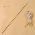 Durable wooden cat teaser wand featuring a woven lollipop swirl and natural feathers - Woven Lollipop