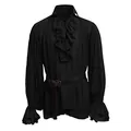 Vintage black medieval ruffled shirt for men featuring lace-up collar and puffed sleeves - S / Tops / Black