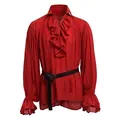 Red medieval men's vintage shirt with ruffles and puffy sleeves for Halloween cosplay - S / Tops / Red