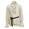 Vintage beige medieval men's retro lace-up ruffled top with puff sleeves and belt - S / Tops / Off White