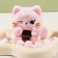 Cute kawaii pink flocked cat squishy stress relief toy holding a small coffee cup - Peace Sign Cat Squishy (Pink)