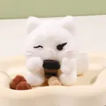 Cute white cat squishy toy holding coffee cup with soft flocking texture decor - Peace Sign Cat Squishy (White)