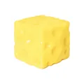 Macro view of a realistic yellow cheese cube squishy toy made of soft TPR material. - Square Cheese / Yellow
