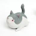 Macro view of the textured fur and grumpy expression on the angry cat squeeze toy. - L / Gray
