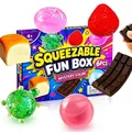 Close-up of Mystery Squeezable Fun Box set with 6 colorful sensory stress relief toys - Food / Set of 6