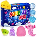 Detailed macro view of colorful squishy fidget toys including pink axolotl and mystery box - Starry Sky / Set of 8