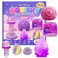 Close-up of 6pcs colorful squishy toys including jellyfish and marble cube for stress relief - Purple Ocean Style / Set of 6 / Purple