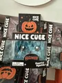 Detailed view of Nice Cube Halloween ghost squishy stress toy in black retail packaging - Square Style / Ghost Blue