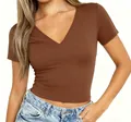 Detail shot of a women's brown V-neck slim fit short sleeve t-shirt base layer - XS / Tops / Dark Brown