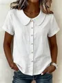 Detail view of a white cotton linen short sleeve blouse with a classic Peter Pan collar. - S / Tops / White