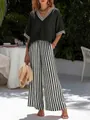 Casual γυναικείο λινό καλοκαιρινό σετ με μπλούζα V και ριγέ παντελόνα με φαρδιά μπατζάκια - S / Τοπ Και Παντελόνι / Μαύρο