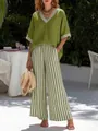 Casual πράσινο σετ από βαμβάκι και λινό με μπλούζα V και ριγέ φαρδύ παντελόνι - Πράσινο