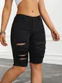 Short bermuda en jean noir déchiré pour femme avec taille haute et coupe ajustée - Noir