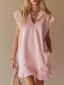 Close-up of a pink sleeveless dress featuring a zipper V-neck and ruffled hem. - XS / Dresses / Pink