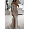 Elegant silver sequined prom dress featuring a sexy high slit and off-shoulder neckline - Silver
