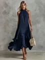 Elegantes ärmelloses Midikleid in Dunkelblau mit Rüschensaum und Neckholder-Stil - S / Kleider / Marineblau
