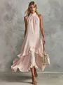 Elegant sleeveless halter neck maxi dress with ruffled hem for summer beach wear - S / Dresses / Pink