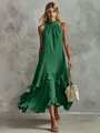 Elegantes grünes ärmelloses Halterkleid mit gestuftem Rüschenrock für die Sommermode am Strand - S / Kleider / Grün