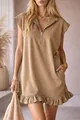 Detail view of khaki sleeveless dress with V-neck zipper and stylish ruffle hem - XS / Dresses / Khaki