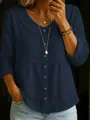 Elegante marineblaue Leinen-Baumwoll-Bluse für Damen mit Peter-Pan-Kragen und Knöpfen - S / Oberteile / Dunkelblau