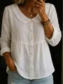 Elegante weiße Baumwoll-Leinen-Bluse mit Bubikragen und Rüschentaille für Damen - S / Oberteile / Weiß