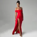 Elegant red off-the-shoulder evening gown featuring a sexy high side slit detail - Red