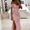 Elegant pink sequin off-the-shoulder evening dress with a high leg slit and ruched detail. - S / Dresses / Pink