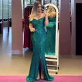 Sparkly emerald green sequin off-shoulder evening gown with high slit - Dark Green