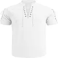 Front view of white men's short-sleeve beach shirt with V-neck lace-up detail - S / Tops / White