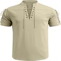 Detailed view of men's beige lace-up V-neck beach shirt featuring decorative sleeve ties. - S / Tops / Apricot
