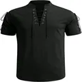 Detail of men's pirate-style V-neck shirt with black lace-up front and eyelets - S / Tops / Black