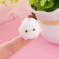 Primer plano de un mini pollito blanco squishy en la punta de un dedo estrés - Pollo Blanco